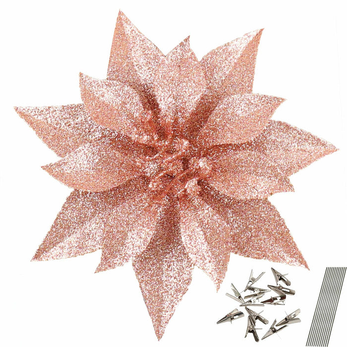 [Like_new] YOSICHY 12 Pcs Artificial Christmas Flowers Deep Champagne with Clips Stems by Deal US