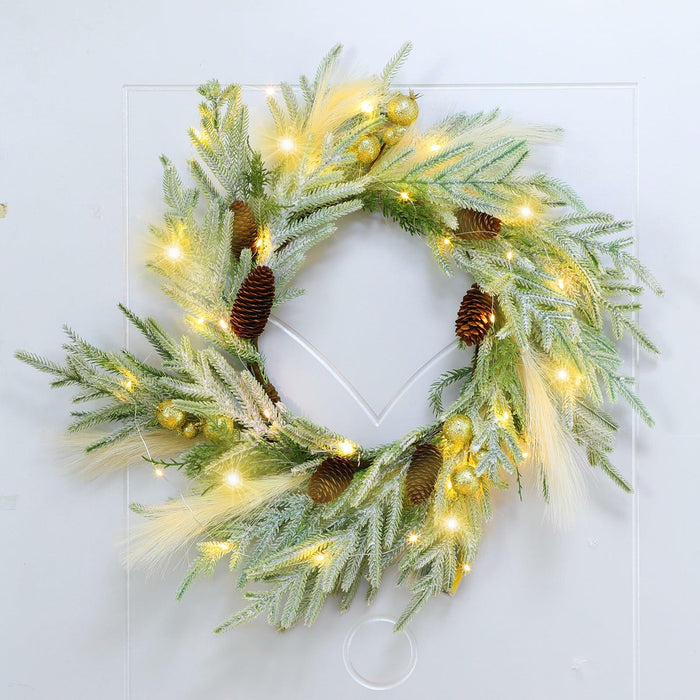 Chuangdi 24" Lighted Norfolk Pine Pampas Christmas Wreath with Pine Cones by Deal US
