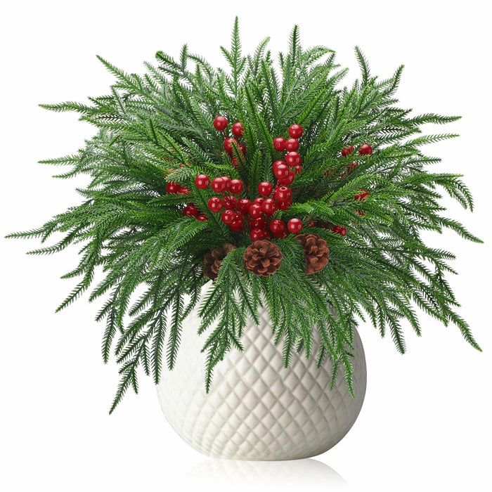 Riceshoot 12 Pcs Norfolk Pine Branches with Red Berries Pine Cones 17.7" Green by Deal US