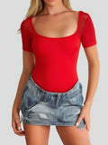 CRIPOM Red Mesh Square Neck Lace Bodysuit Women's Size S by Deal US