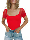 CRIPOM Red Mesh Square Neck Lace Bodysuit Women's Size S by Deal US