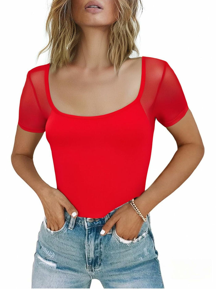 CRIPOM Red Mesh Square Neck Lace Bodysuit Women's Size S by Deal US