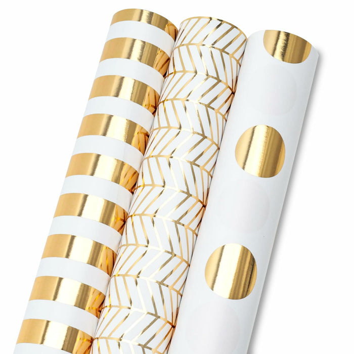 Koogel Wrapping Paper Roll 3 PCS Gold White 17x120 Inch Party Wedding by Deal US