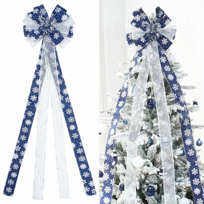 YINGQIWISH Christmas Tree Topper Large Bow Deep Blue White Indoor Outdoor by Deal US