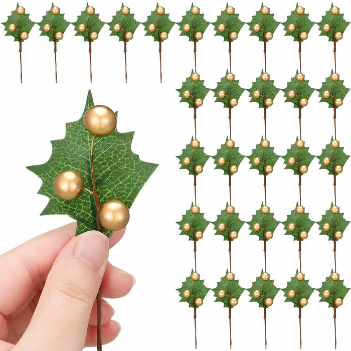 Thiccywoov 30 Pack Artificial Holly Berry Picks Gold Christmas Decoration by Deal US