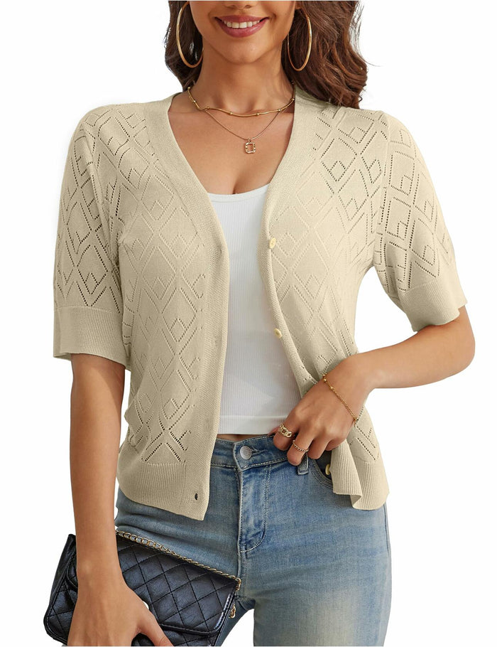 VOIANLIMO Women's Cropped V-Neck Button Down Cardigan Sweater Apricot Size S by Deal US