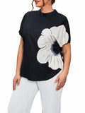 Verdusa Women's Plus Size Floral Mock Neck Keyhole Tee Black White Size 2XL by Deal US
