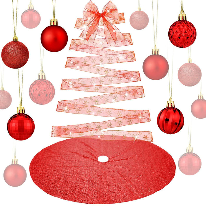 Suilung 22 Pcs Christmas Tree Skirt 46" Red Sequins Ribbon & 20 Ornaments Set by Deal US