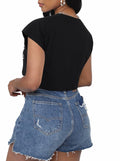 LovelyWholesale Women Cap Sleeve Cropped Graphic Tee Black Size L by Deal US