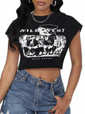 LovelyWholesale Women Cap Sleeve Cropped Graphic Tee Black Size L by Deal US