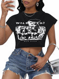 LovelyWholesale Women Cap Sleeve Cropped Graphic Tee Black Size L by Deal US