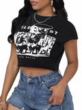 LovelyWholesale Women Cap Sleeve Cropped Graphic Tee Black Size L by Deal US