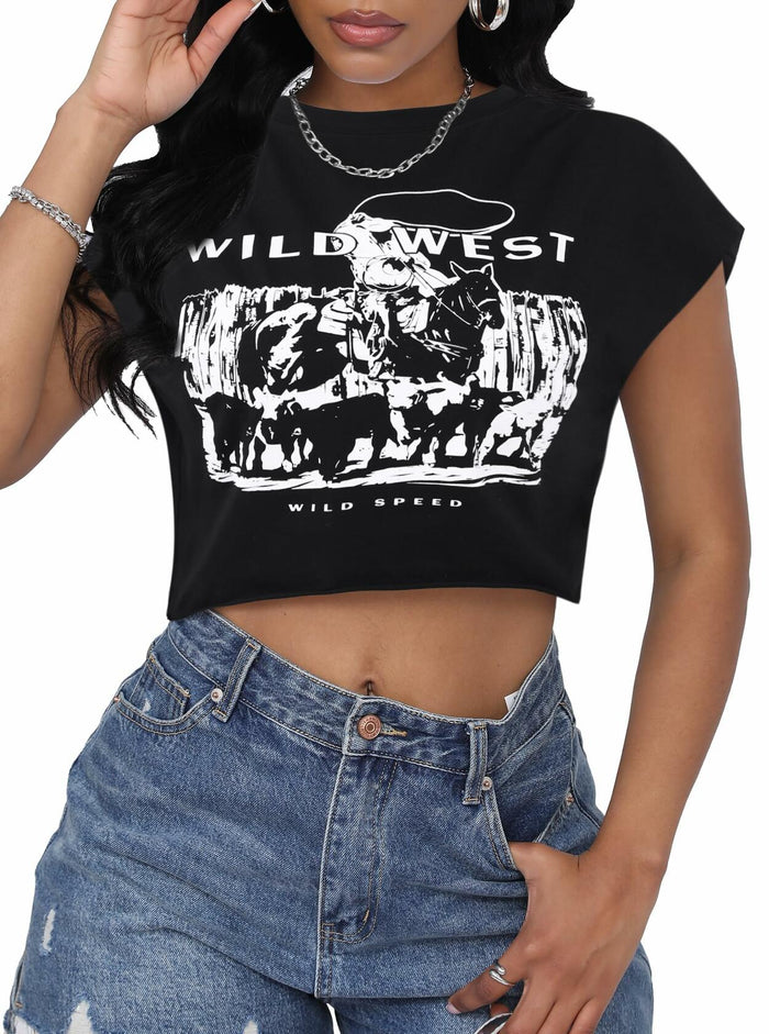 LovelyWholesale Women Cap Sleeve Cropped Graphic Tee Black Size L by Deal US