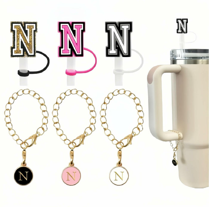 IN CHENTHY Straw Topper 2pcs Letter N Covers + Charm Chain + Alphabet Stickers by Deal US