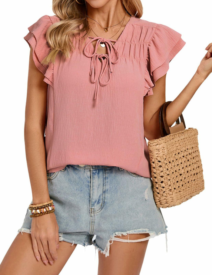 Blouses Women V Neck Ruffle Sleeve Drawstring Front Pink Size S by Deal US