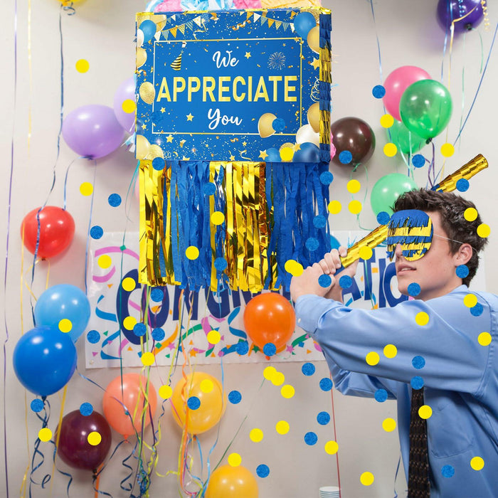 [Like New] Poen We Appreciate You Piñata with Stick Blindfold Blue Gold Confetti 16x12 Inch by Deal US