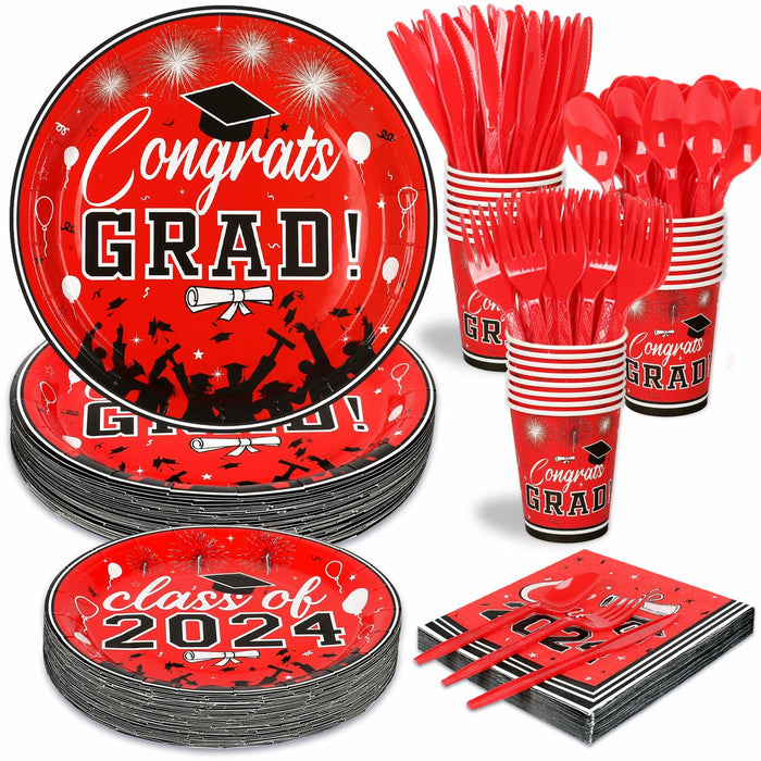 LELEMON Graduation Party Supplies Red Tableware Set Serves 25 Disposable by Deal US