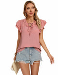Blouses Women V Neck Ruffle Sleeve Drawstring Front Pink Size S by Deal US