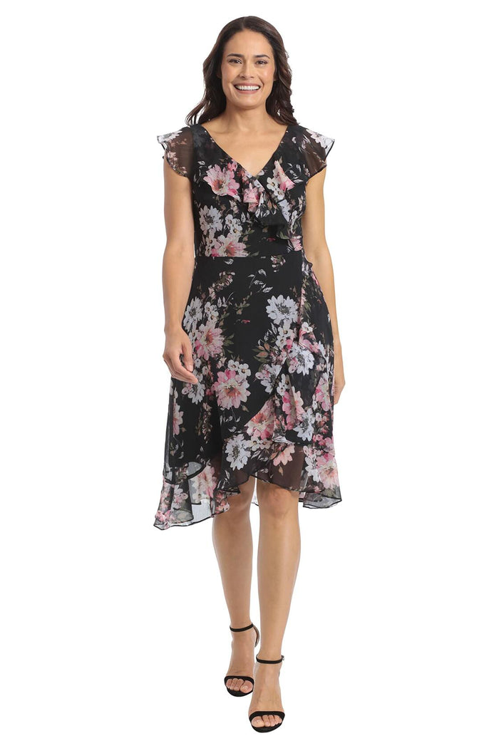 [Like New] London Times Women's Chiffon Ruffle Dress Black/Blush Size 14 by Deal US