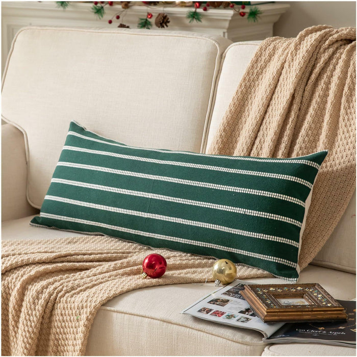 Boho Lumbar Throw Pillow Cover 14x36 Dark Green Striped Pack of 1 by Deal US