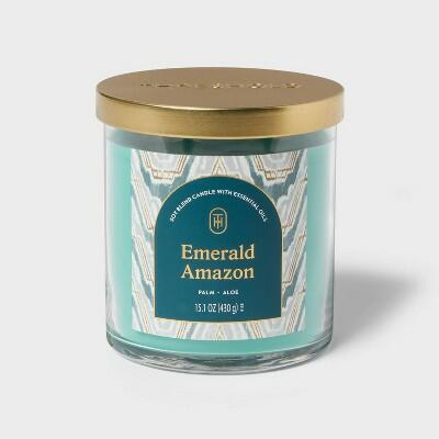 Threshold 2-Wick Glass Jar Candle with Lid Emerald Green 15.1oz Soy Blend by Deal US