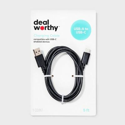 dealworthy USB-A to USB-C Cable Black 5ft AC Adapter by Deal US
