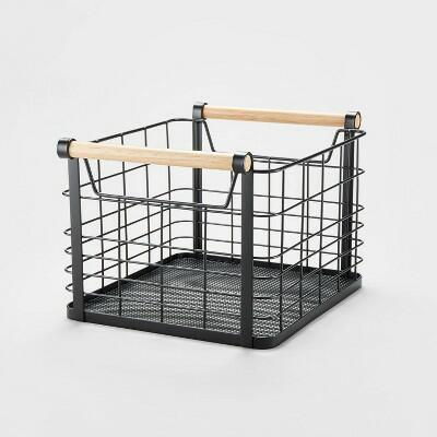 Brightroom Metal Storage Basket Milk Crate Black Small Wire Wood Handles by Deal US