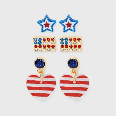 Americana Star Flag Heart Stud Hoop Earring Set 3pc Red White Blue by Deal US