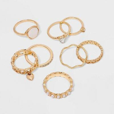 Wild Fable Gold Hearts and Pearls Ring Set 8pc Zinc Material by Deal US