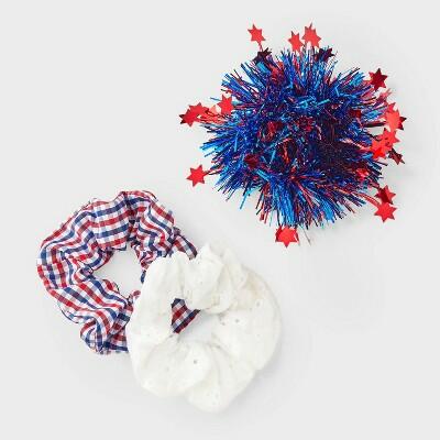 Americana Plaid and Tinsel Hair Twister Set 3pc Red White Blue Multicolor by Deal US