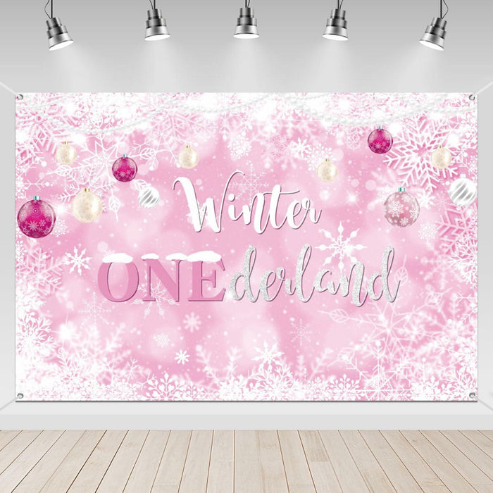 Winter Onederland First Birthday Banner Snowflake Backdrop 70.9x43.3 Pink by Deal US