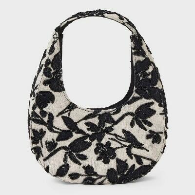 A New Day Mini Beaded Crescent Handbag Off-White Black Floral Pattern by Deal US