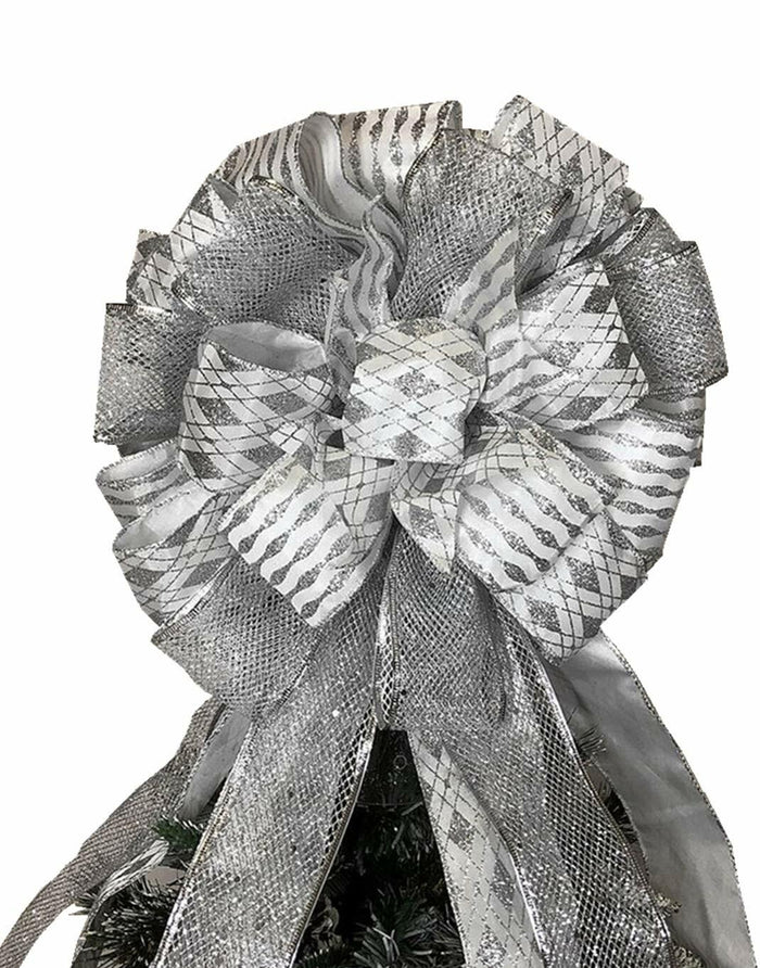 Handmade Christmas Tree Bow Topper Large Silver 27x12 Inches by Deal US