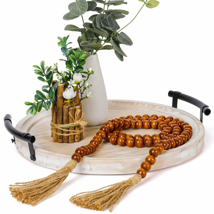 Round Wood Tray with Wood Bead Garland 13" Decorative Tray with Handles by Deal US