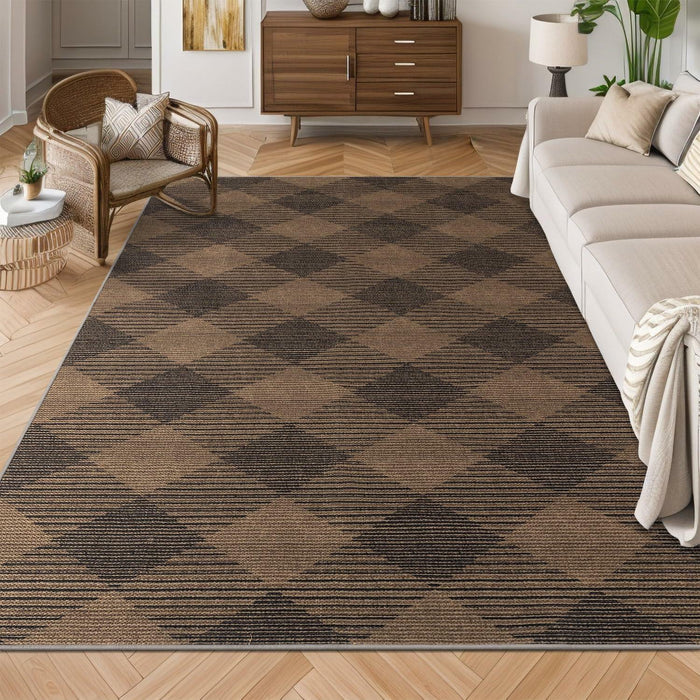 YIHOUSE Checkered Jute Rug 8x10 Brown Black Non Slip Indoor Outdoor by Deal US