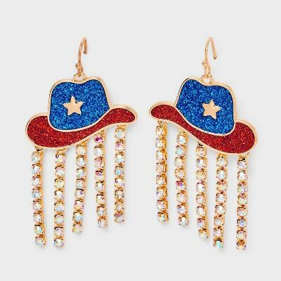 Americana Cowboy Hat Rhinestone Drop Earrings Red White Blue by Deal US