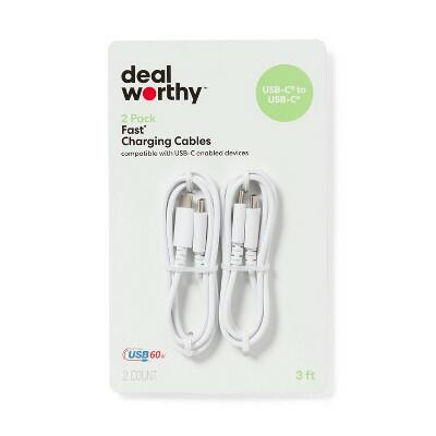Dealworthy USB-C to USB-C Charging Cable 3ft White 2pk Male-To-Male Connector by Deal US