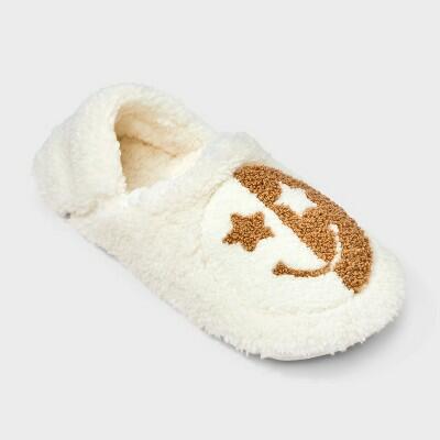 Womens Embroidered Smiley Face Cozy Fleece Pull-On Slipper Socks Ivory/Tan M/L by Deal US