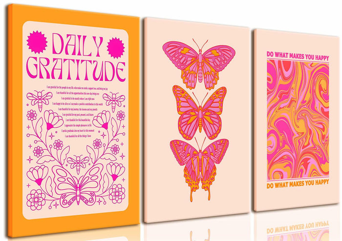 Preppy Daily Gratitude Wall Art Set of 3 Pink Orange Butterfly 12x16in by Deal US
