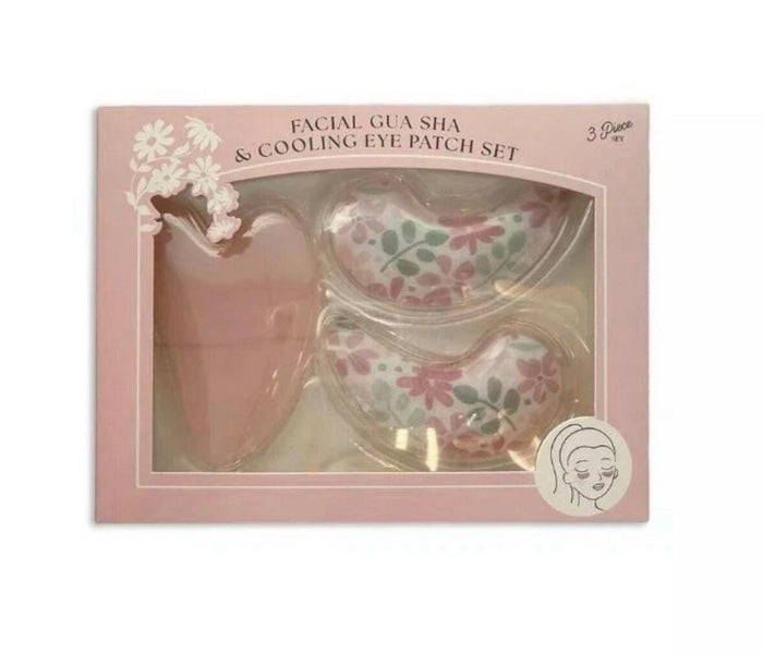 Tiger Eye gua sha + floral cooling eye patches, Pink 3-piece set by Deal US