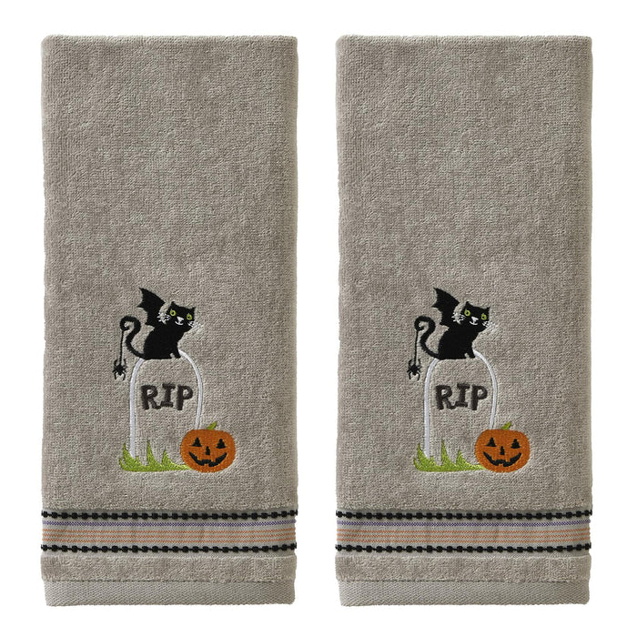 [Like New] SKL Home Halloween Graveyard Cat Hand Towel Set 2pc Gray Small by Deal US