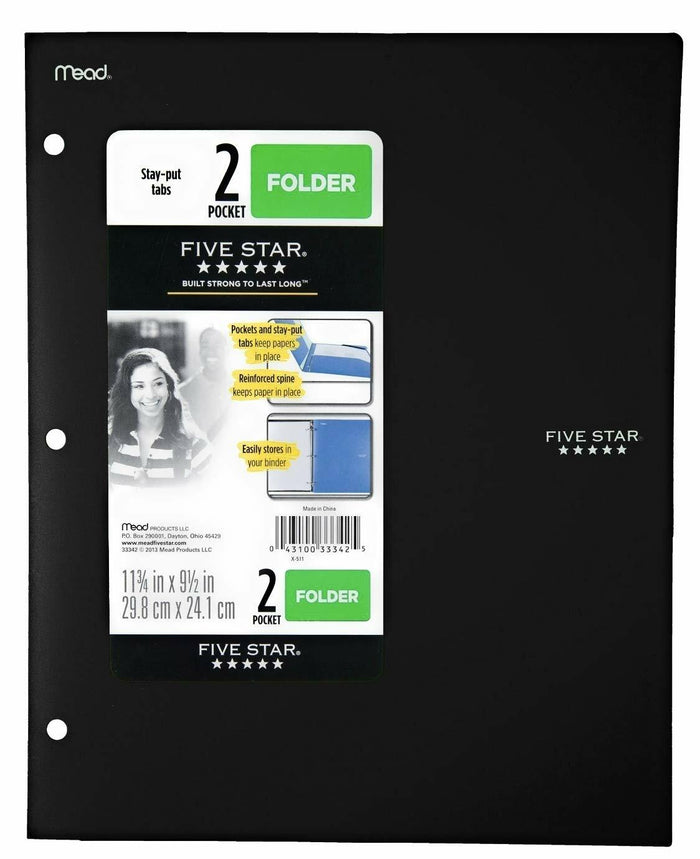 Five Star Mead 2 Pocket Folder with Stay-Put Tabs Black by Deal US