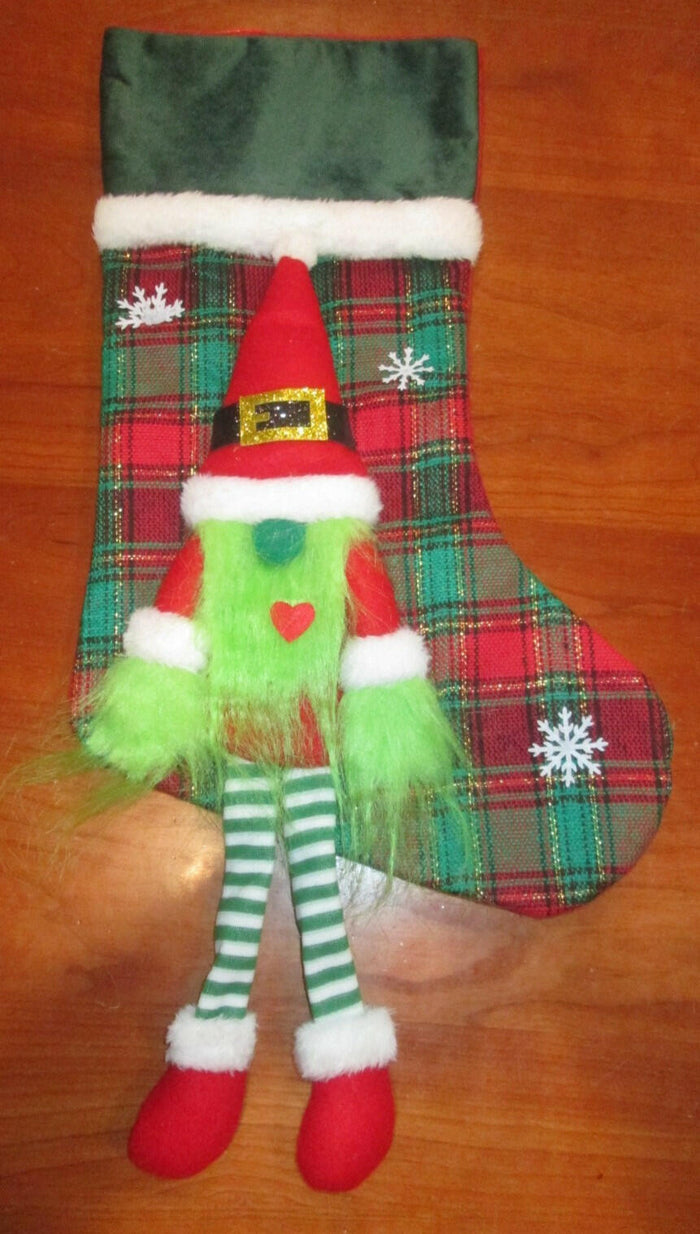 Unbranded Grinch Gnome Christmas Stocking 17" Red Green Plaid Sparkly Hat by Deal US
