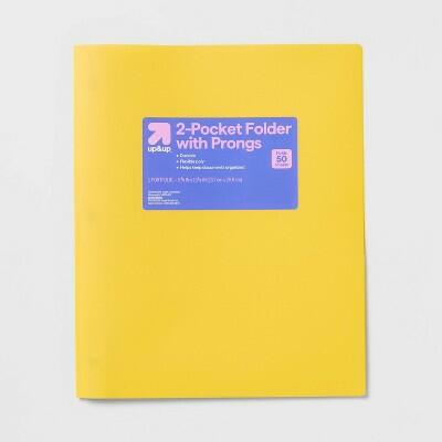 up&up 2 Pocket Plastic Folder with Prongs Yellow Polypropylene 50 Sheet Capacity by Deal US