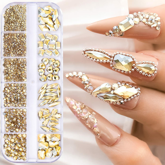 Nail Rhinestones Champagne Gold 1130pcs Flat Back 12 Grids DIY Craft by Deal US