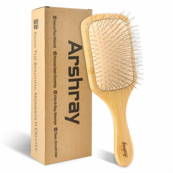 Arshray Bamboo Paddle Hair Brush Stainless Steel Teeth All Hair Types by Deal US
