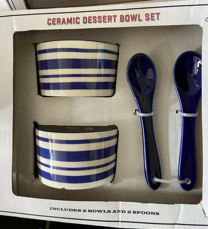 [Like New] White Ceramic Dessert Bowl Set Blue White Striped Chip Pattern by Deal US