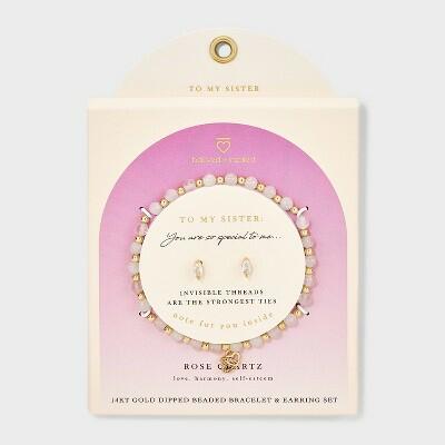 Double Heart Charm Beaded Bracelet & Stud Earrings Set Rose Quartz 2pc by Deal US