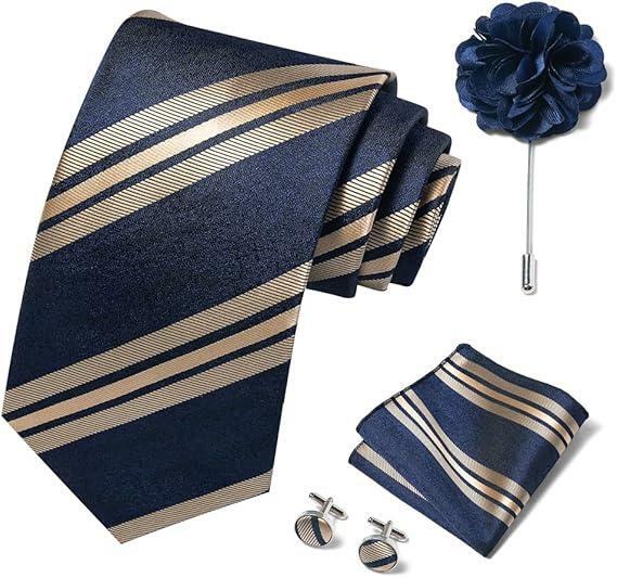 Joy Alice Men’s Tie Set Necktie Handkerchief Cufflinks Brooch Gold Blue by Deal US