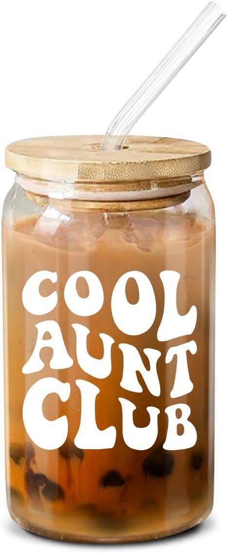 MEOGUTYI Cool Aunties Nephew 16oz Glass Can Shaped Cups with Lids & Straws by Deal US